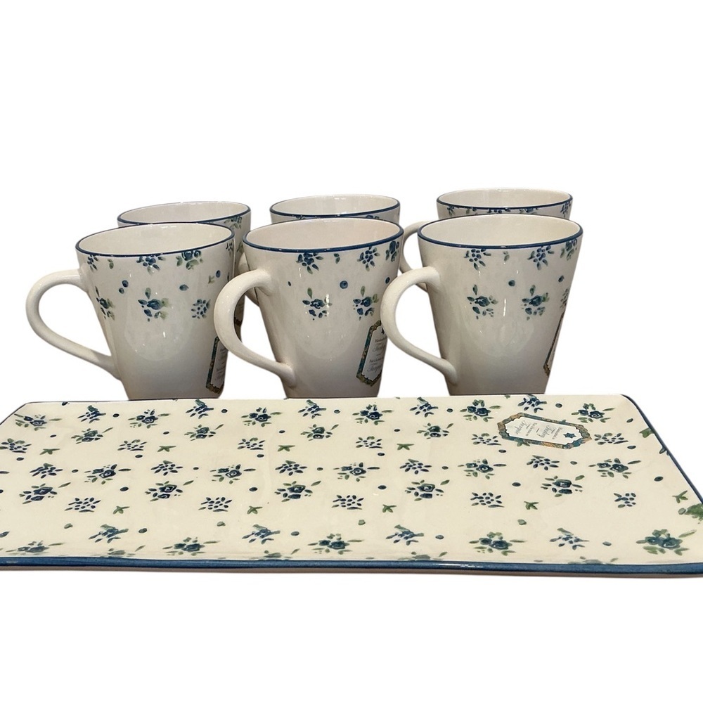 Papart Seramik Blue Floral Mug Set (6) + Rectangular Serving Tray | Ceramic